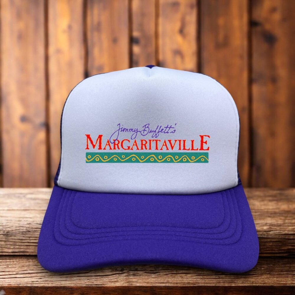 Jimmy Buffett Margaritaville Vintage Logo Mens Trucker Hat Purple Beach Rock Cap